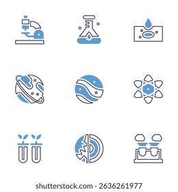 Science icon set. Bold line style. Duotone colors. Editable stroke. microscope, flask, slide, uranus, planet, atom, science, test tube.