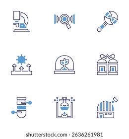 Science icon set. Bold line style. Duotone colors. Editable stroke. microscope, dna, search, light refraction, artificial intelligence, teleportation, test tube.