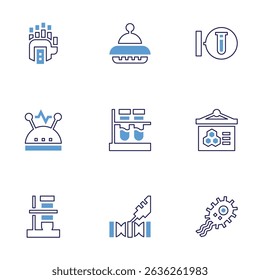 Science icon set. Bold line style. Duotone colors. Editable stroke. mechanical, ufo, lab, electricity, test tube, presentation, tube, dna structure, bacteria.