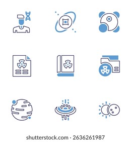 Science icon set. Bold line style. Duotone colors. Editable stroke. man, nebula, metabolism, file, book, document, planet, black hole, eclipse.