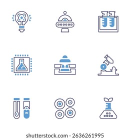 Science icon set. Bold line style. Duotone colors. Editable stroke. light bulb, ufo, test tube, cpu, microscope, test tubes, red blood cells, plant.
