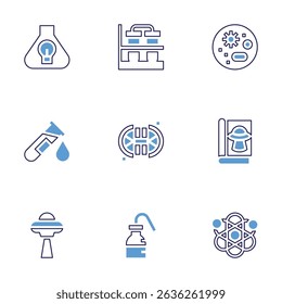 Science icon set. Bold line style. Duotone colors. Editable stroke. innovation, flask, petri dish, test tube, ufo, magazine, wash bottle, atom.