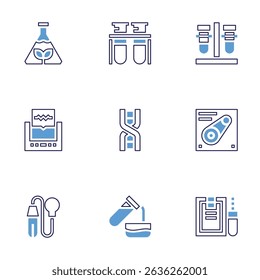 Science icon set. Bold line style. Duotone colors. Editable stroke. laboratory, test tubes, test tube, artificial intelligence, dna, pulley, pipette, testing.