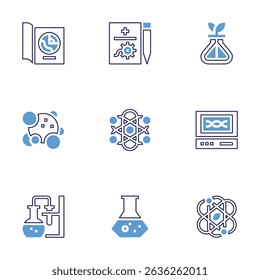 Science icon set. Bold line style. Duotone colors. Editable stroke. geology, medical report, flask, staphylococcus, physics, testing, chemistry, research, science.