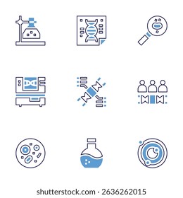 Science icon set. Bold line style. Duotone colors. Editable stroke. flask, poster, magnifying glass, lab, dna, group, petri dish, astronomy.