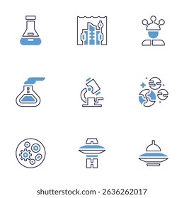 Science icon set. Bold line style. Duotone colors. Editable stroke. flask, underwater city, mind reader, microscope, planets, petri dish, ufo.