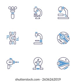 Science icon set. Bold line style. Duotone colors. Editable stroke. flask, microscope, dna, mars, blaster, plasma ball, planet.