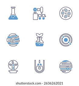 Science icon set. Bold line style. Duotone colors. Editable stroke. flask, laboratory, cells, mars, orbit, plasma ball, space capsule, jupiter.