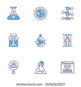 Science icon set. Bold line style. Duotone colors. Editable stroke. flask, germination, search, cell, genetic, space colonization, teleportation, website.