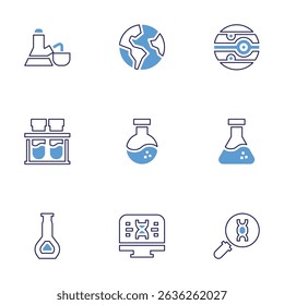 Science icon set. Bold line style. Duotone colors. Editable stroke. flask, earth, mars, chemical, chemistry, dna.