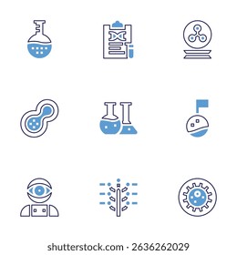Science icon set. Bold line style. Duotone colors. Editable stroke. flask, clipboard, molecular biology, mitosis, medical lab, planet, artificial intelligence.