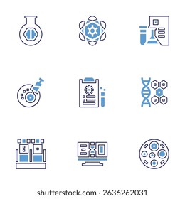 Science icon set. Bold line style. Duotone colors. Editable stroke. flask, atom, experiment, fertilization, report, genome, blood sample, dna, fat cell.