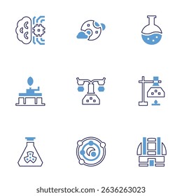 Science icon set. Bold line style. Duotone colors. Editable stroke. brain, full moon, flask, bunsen burner, chemistry, test tube, universe, observatory.