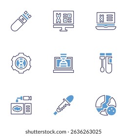 Science icon set. Bold line style. Duotone colors. Editable stroke. blood test, research, chromosome, genetic engineering, laptop, swab, slide, pipette, moon.