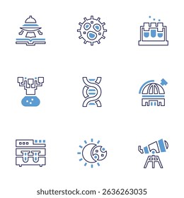 Science icon set. Bold line style. Duotone colors. Editable stroke. aliens, cell, test tubes, research, dna, observatory, biosafety cabinet, eclipse, telescope.