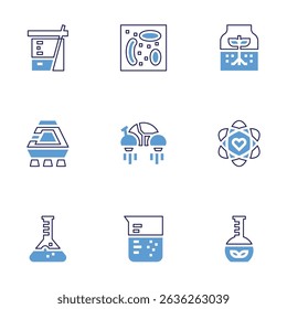 Science icon set. Bold line style. Duotone colors. Editable stroke. beaker, parasite, sprout, space capsule, flying car, heart, flask, biomass.