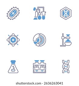 Science icon set. Bold line style. Duotone colors. Editable stroke. bacteria, experiment, dna, sun, layers, chemistry, flask, test tube.