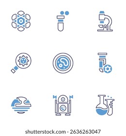 Science icon set. Bold line style. Duotone colors. Editable stroke. atom, chemical, education, magnifying glass, petri dish, blood test, planet, time machine.