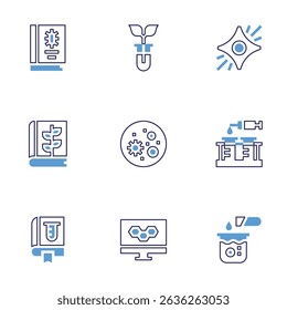 Science icon set. Bold line style. Duotone colors. Editable stroke. book, biology, supernova, botany, virus, test tubes, monitor, chemical reaction.