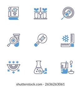 Science icon set. Bold line style. Duotone colors. Editable stroke. book, test tube, fertilization, search, dna, nanoscale, geology, ecological, lab.