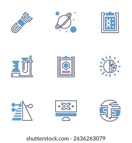 Science icon set. Bold line style. Duotone colors. Editable stroke. blood test, planets, dna, medical lab, report, day and night, layers, dna structure, uranus.