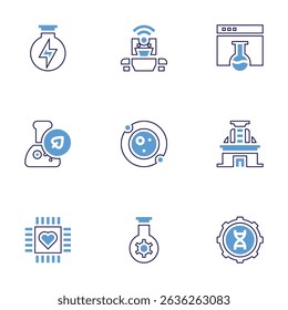 Science icon set. Bold line style. Duotone colors. Editable stroke. chemical, robot, chemistry, biology, astronomy, observatory, nanotechnology.