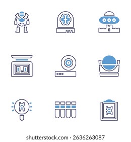 Science icon set. Bold line style. Duotone colors. Editable stroke. android, brain, ufo, balance scale, friction, volume, search, test tube, report.