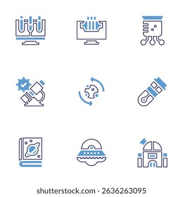 Science icon set. Bold line style. Duotone colors. Editable stroke. analytics, catalyst, beaker, microscope, metabolism, test tube, book, ufo, observatory.