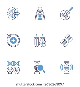 Science icon set. Bold line style. Duotone colors. Editable stroke. atom, experiment, petri dish, electron, chemistry, dna, cloning, genetics.