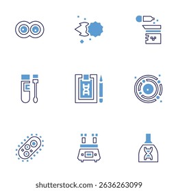 Science icon set. Bold line style. Duotone colors. Editable stroke. cell division, asteroid, swab, dna, microorganism, beaker, astronomy, centrifuge, flask.