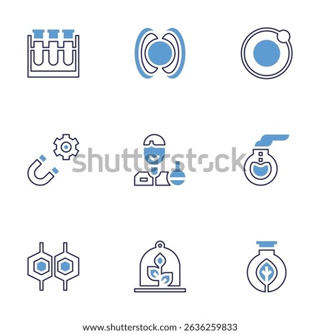 Science icon set. Bold line style. Duotone colors. Editable stroke. test tubes, magnetic field, orbit, magnet, scientist, florence flask, cell, plant, biology.