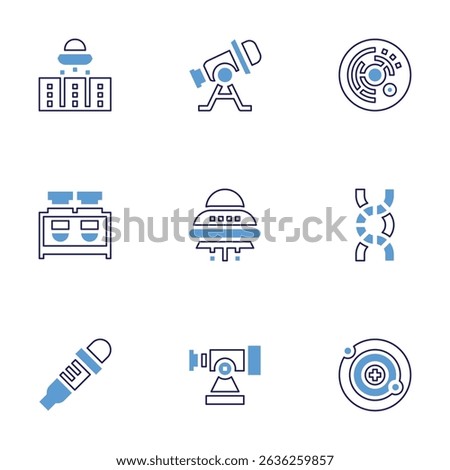 Science icon set. Bold line style. Duotone colors. Editable stroke. ufo, telescope, cell, flask, dna, pipette, neutron.