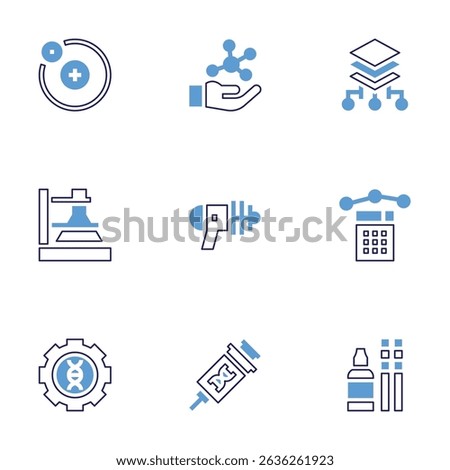 Science icon set. Bold line style. Duotone colors. Editable stroke. electron, biology, layers, chemistry, toy gun, mathematics, gene therapy, bioengineering.