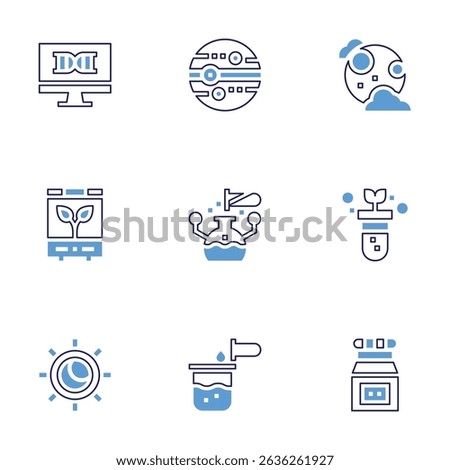 Science icon set. Bold line style. Duotone colors. Editable stroke. dna, neptune, full moon, incubator, research, gmo, eclipse, chemical, toxic chemical.