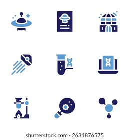Science icon set. Bold style. Duotone colors. ufo, observatory, test tube, laptop, lab, virus, molecules.
