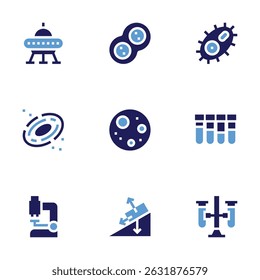 Science icon set. Bold style. Duotone colors. ufo, cell, protist, galaxy, full moon, test tube, microscope, gravity, test tubes.