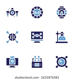 Science icon set. Bold style. Duotone colors. ufo, alien, ai, digital services, flask, vaccine, testing, cell.