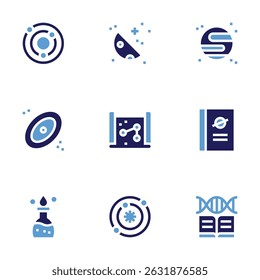 Science icon set. Bold style. Duotone colors. solar system, half moon, planet, nebula, map, book, bunsen burner, galaxy, genetics.