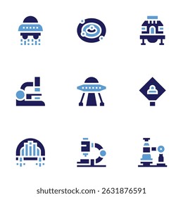 Conjunto de iconos de Ciencia. Estilo audaz. Duotone colores. ufo, astronomía, cápsula espacial, microscopio, ciudad.