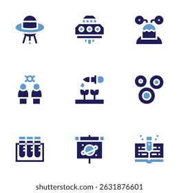 Conjunto de iconos de Ciencia. Estilo audaz. Duotone colores. ufo, alienígena, clonación, brote, células madre, muestra de sangre, presentación, libro.