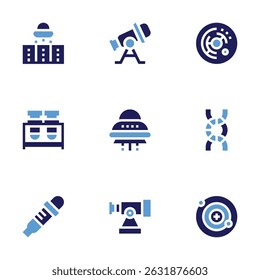 Science icon set. Bold style. Duotone colors. ufo, telescope, cell, flask, dna, pipette, neutron.