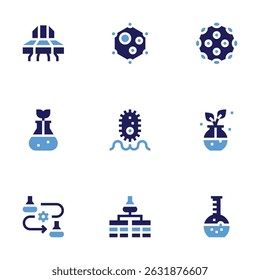 Science icon set. Bold style. Duotone colors. ufo, gmo, research, virus, bacteria, botany, database table, flask.