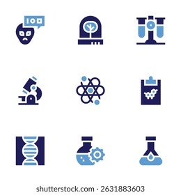 Conjunto de iconos de Ciencia. Estilo audaz. Colores duotónicos. alienígena, incubadora, tubos de ensayo, investigación, átomo, química, ADN, bioingeniería, matraz.