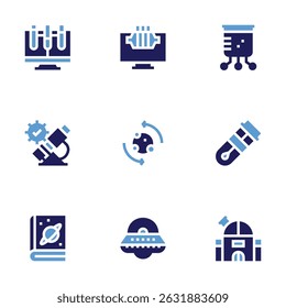 Science icon set. Bold style. Duotone colors. analytics, catalyst, beaker, microscope, metabolism, test tube, book, ufo, observatory.