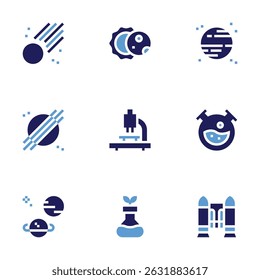 Conjunto de ícones de ciência. Estilo negrito. Cores duotônicas. asteroide, eclipse, planeta, microscópio, tubo, ogm, jet pack.