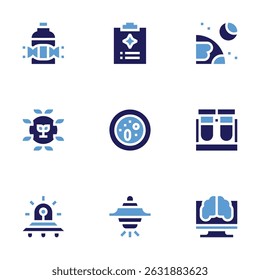 Science icon set. Bold style. Duotone colors. sample, report, moon, biology, petri dish, test tube, ufo, artificial intelligence.