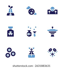 Science icon set. Bold style. Duotone colors. plant, moon, chemistry, red blood cells, biochemistry, float, ufo, bacteria.