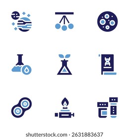 Science icon set. Bold style. Duotone colors. planet, pendulum, moon, chemical, plant, research, cell, bunsen burner, sample tube.