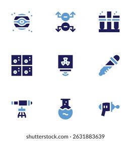 Conjunto de iconos de Ciencia. Estilo audaz. Planeta, imán, tubo de ensayo, Elementos periódicos, radiación, gotero, telescopio, ebullición, pistola de juguete.