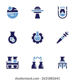 Science icon set. Bold style. Duotone colors. planets, ufo, space capsule, flask, test, demodex, test tubes, chemical, laboratory.